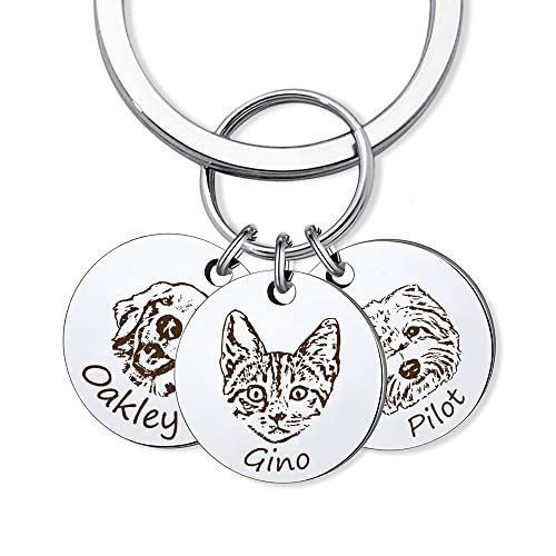 Anavia Personalized Pet Portrait Keychain, Customized Pet Photo Handmade Engraved Cat Dog Memorial Keepsake Sympathy Gifts