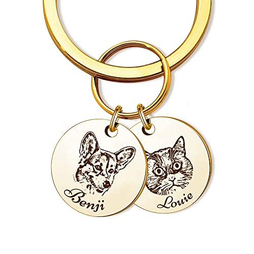 Anavia Personalized Pet Portrait Keychain, Customized Pet Photo Handmade Engraved Cat Dog Memorial Keepsake Sympathy Gifts