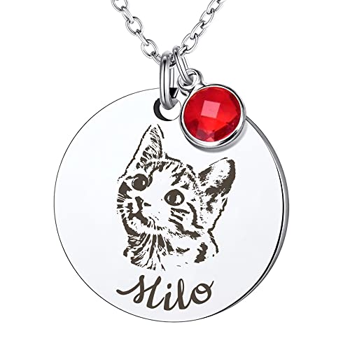 Anavia Personalized Pet Portrait Necklace, 12 Month of Birthstone Charm Options, Handmade Photo Custom Pet Memorial Jewelry Gift for Women, Round Disc Coin Necklace for Dog Cat Lovers