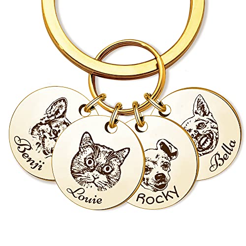 Anavia Personalized Pet Portrait Keychain, Customized Pet Photo Handmade Engraved Cat Dog Memorial Keepsake Sympathy Gifts