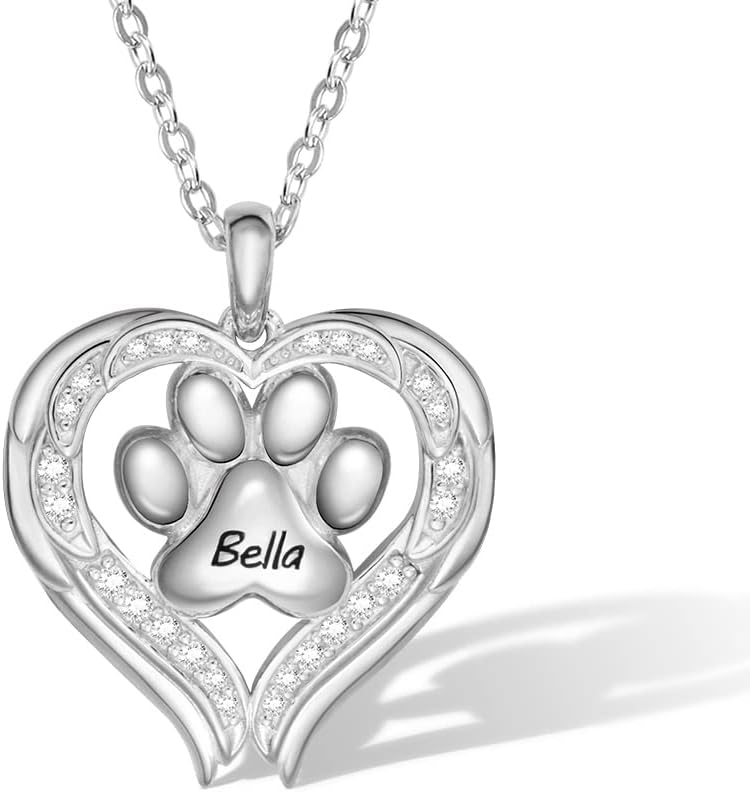 Custom Heart Angel Wings Pet Necklace With Paw Print 925 Sterling Silver Personlized Engraved Dog Cat Necklace With Name Puppy Animal Anniversary Pet Lovers Jewelry Birthday Chritmas Gifts For Women