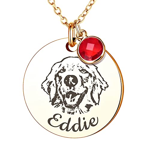 Anavia Personalized Pet Portrait Necklace, 12 Month of Birthstone Charm Options, Handmade Photo Custom Pet Memorial Jewelry Gift for Women, Round Disc Coin Necklace for Dog Cat Lovers