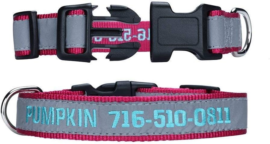 ROKHEVN WANTIG Embroidered Personalized ID Collar, 4 Adjustable Sizes: Extra-Small, Small, Medium, Large with Dog Name Phone#, Reflective Pet Pink Collars for Boy & Girl Dogs, X XS M L XL