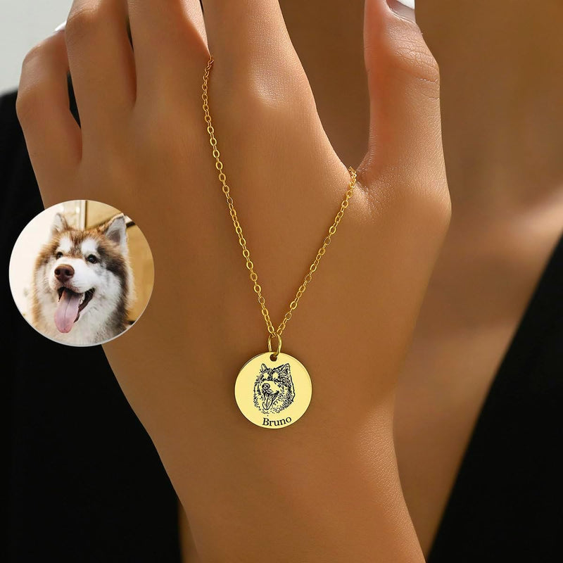 Personalized Pet Portrait Necklace Pet Memorial Jewelry Gift Customized Round Disc Photo Engraved Necklace Pet Gifts Dog Cat Necklace for Pet Lover, Dog Mom, Dog Dad