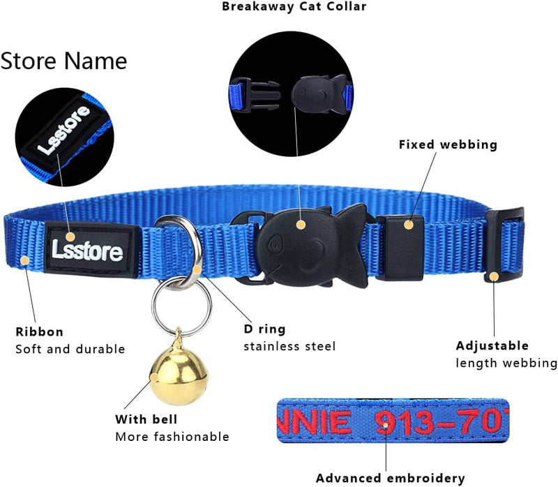 Personalized Nylon Cat Collar Breakaway with Bell - Custom Embroidered Text ID Collars with Pet Name and Phone Number