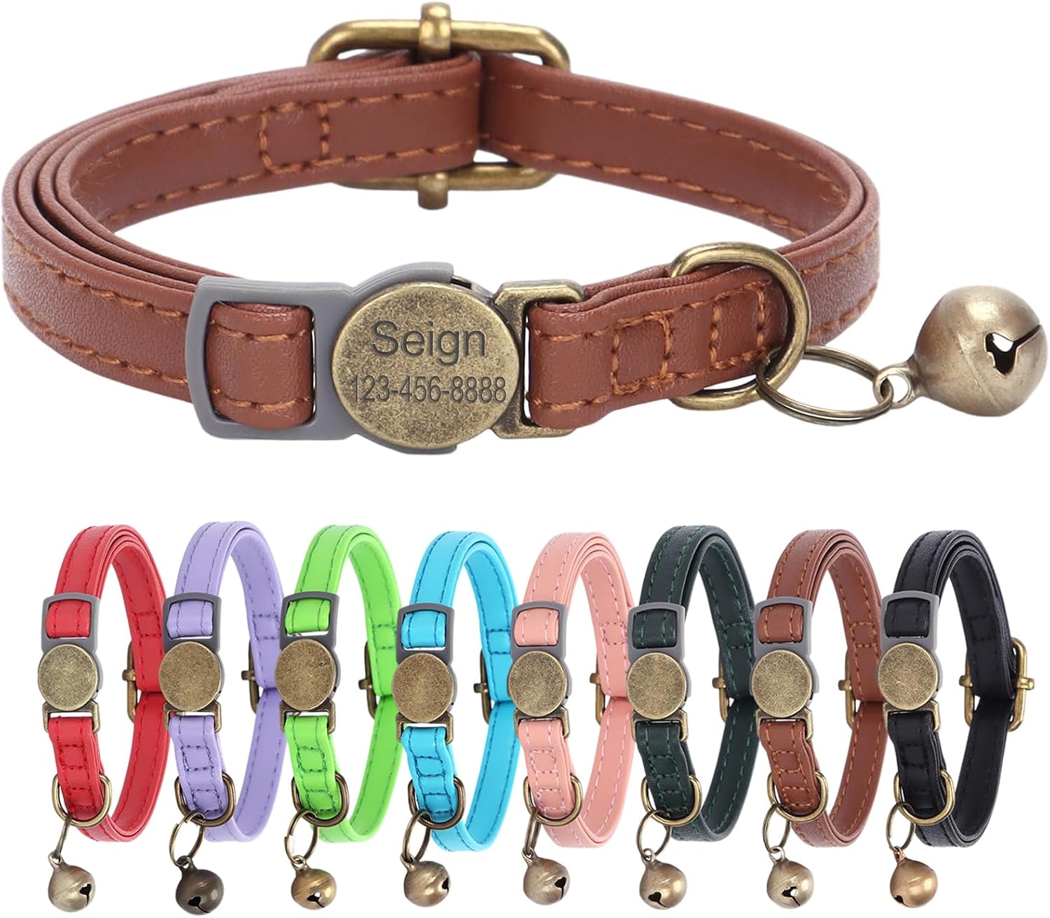 Personalized Breakaway Leather Cat Collar with Bells