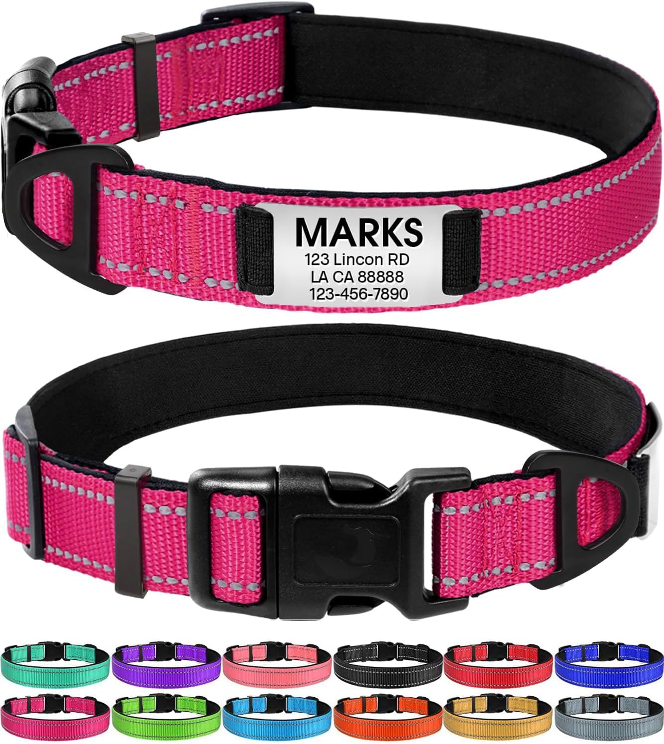 Joytale Personalized Dog Collars, Reflective Nylon Collar with Engraved Name Plate, Customized for Large Dogs, Hotpink, L