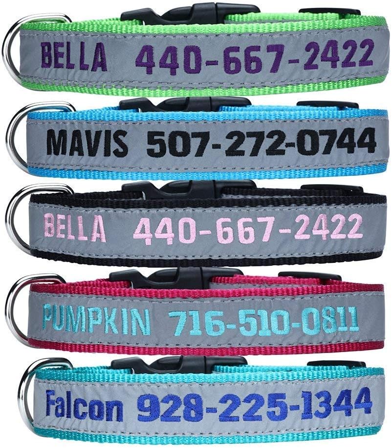 ROKHEVN WANTIG Embroidered Personalized ID Collar, 4 Adjustable Sizes: Extra-Small, Small, Medium, Large with Dog Name Phone#, Reflective Pet Pink Collars for Boy & Girl Dogs, X XS M L XL