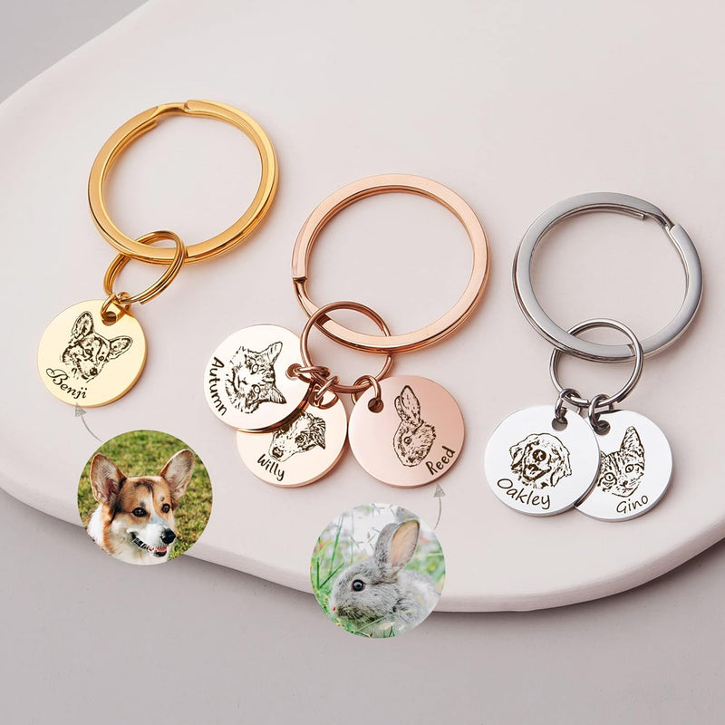 Anavia Personalized Pet Portrait Keychain, Customized Pet Photo Handmade Engraved Cat Dog Memorial Keepsake Sympathy Gifts