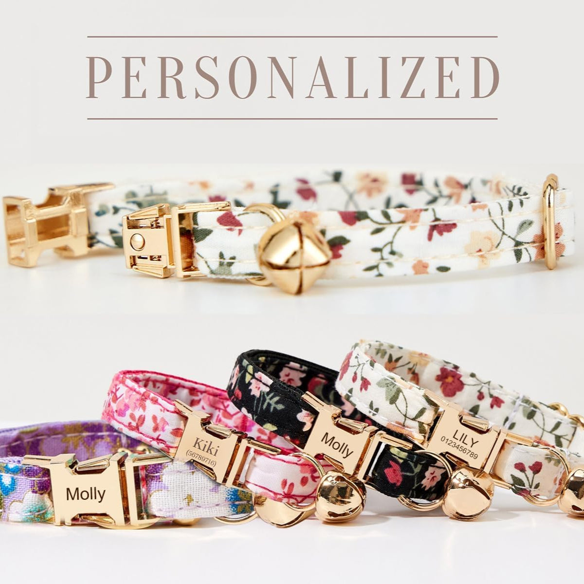 Personalized Floral Cat Collar with Engraved Name & Phone Number