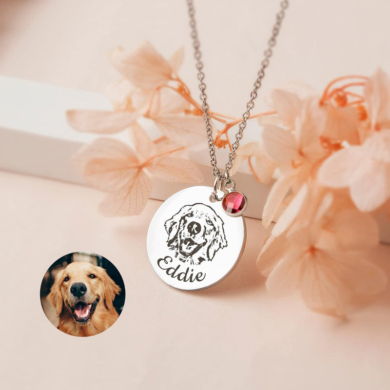 Anavia Personalized Pet Portrait Necklace, 12 Month of Birthstone Charm Options, Handmade Photo Custom Pet Memorial Jewelry Gift for Women, Round Disc Coin Necklace for Dog Cat Lovers