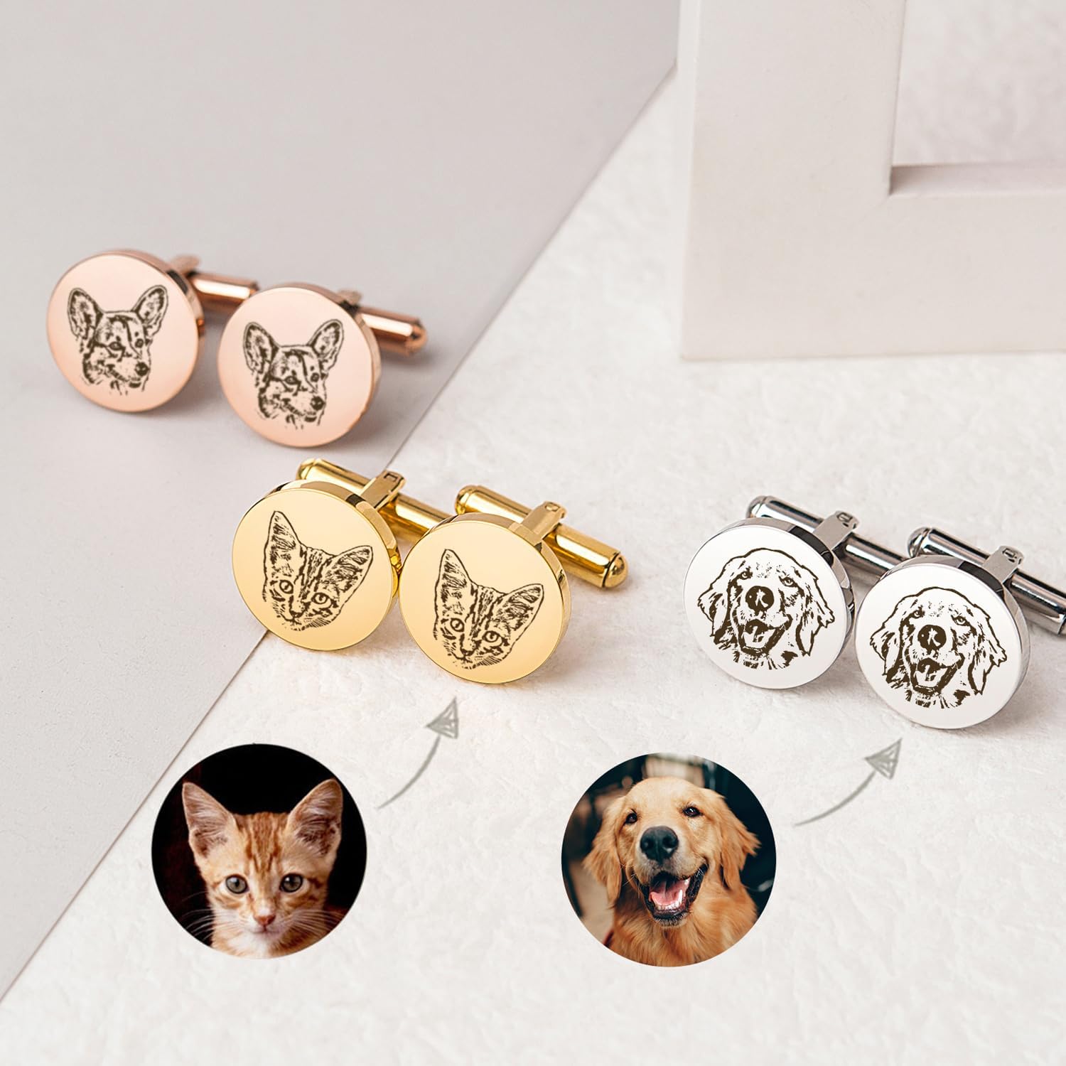 Personalized Pet Portrait Cufflinks & Tie Clip Gift Set