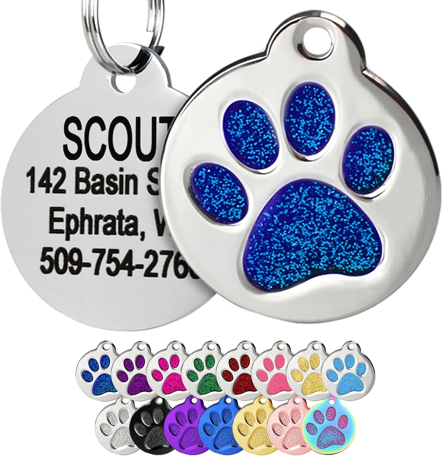 Paw Print Stainless Steel Pet Tag – Personalized, Glitter Blue (Small & Large)