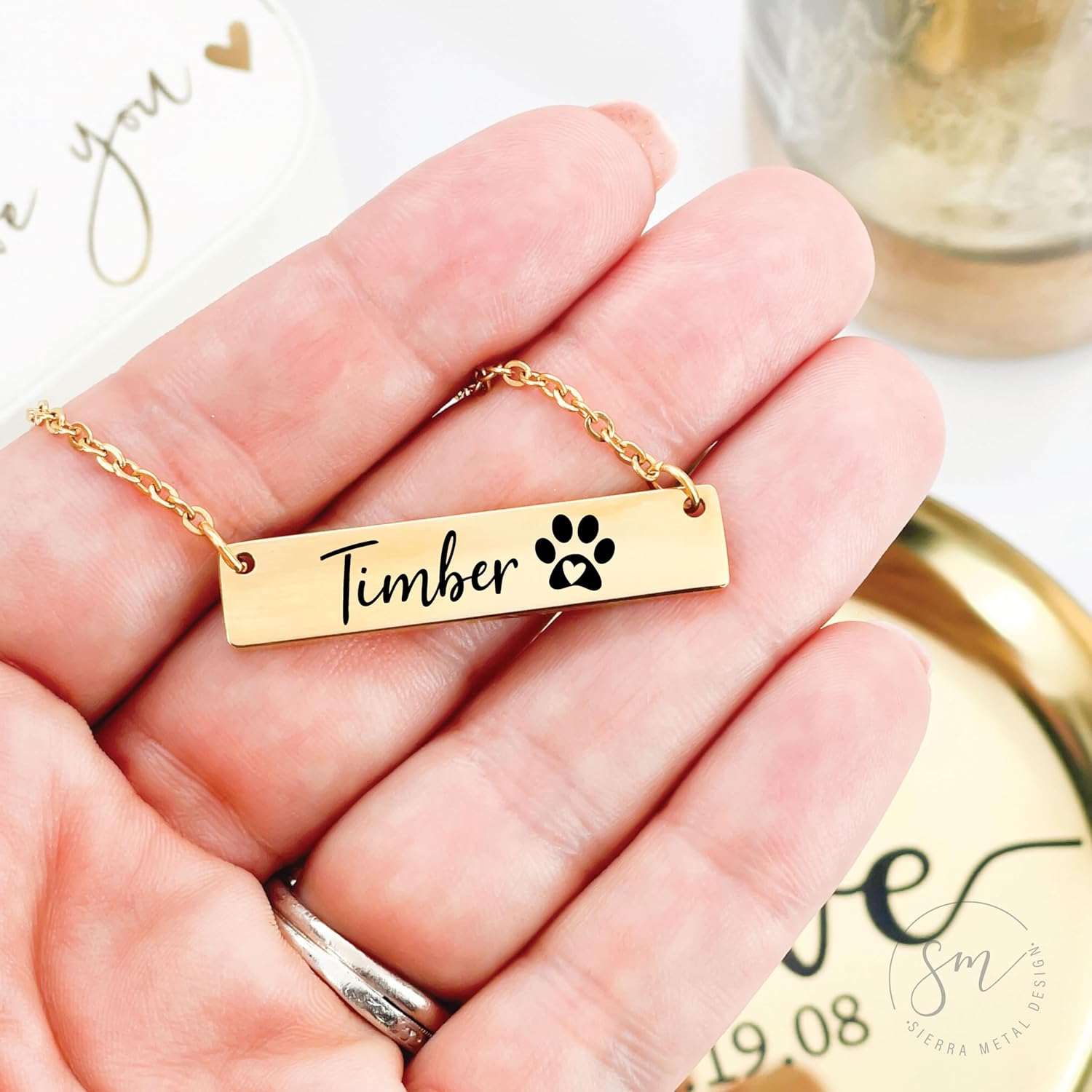 Dog Mom Gift Pet Lover Gift Personalized Pet Necklace Paw Print Gift For Dog Owner Gift For Dog Mom Stainless Steel Rose Gold Silver Gold The Sadie Dog Bar Necklace PET-BAR