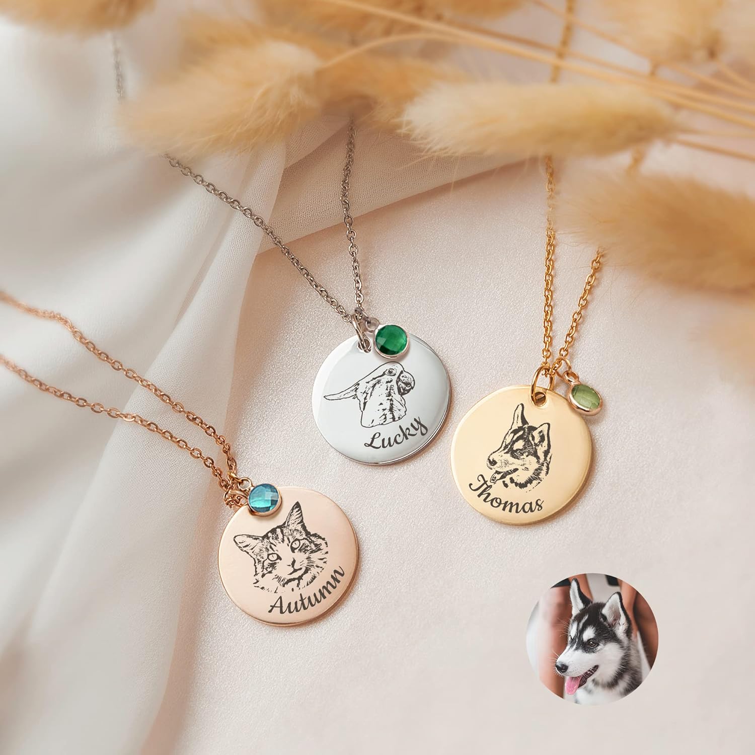 Anavia Personalized Pet Portrait Necklace, 12 Month of Birthstone Charm Options, Handmade Photo Custom Pet Memorial Jewelry Gift for Women, Round Disc Coin Necklace for Dog Cat Lovers