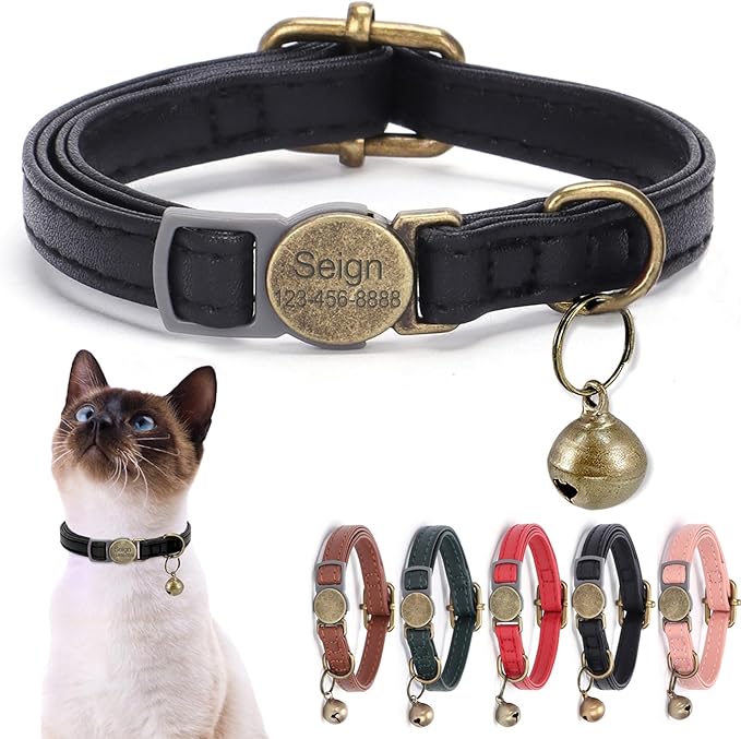 Personalized Breakaway Leather Cat Collar with Bells