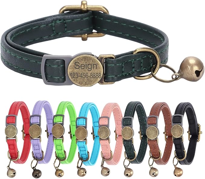 Personalized Breakaway Leather Cat Collar with Bells