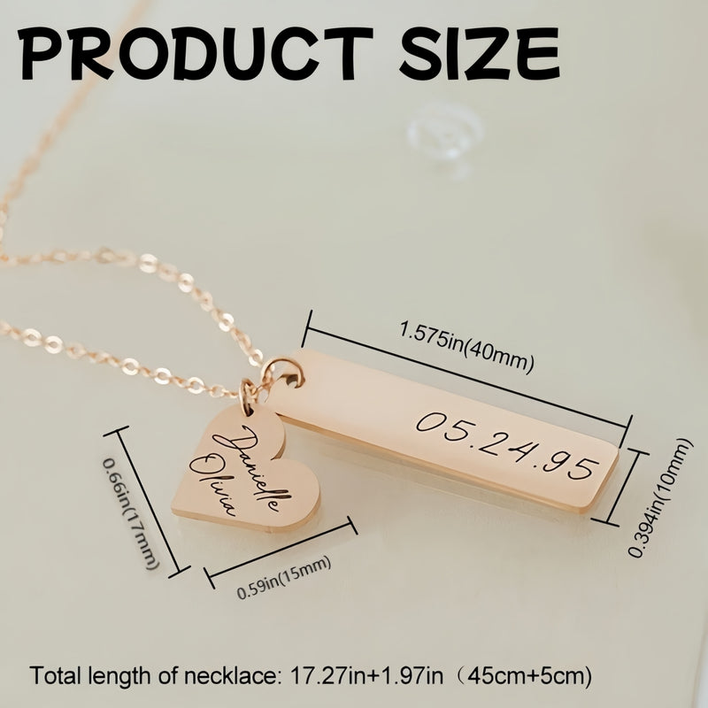 Personalised Heart & Bar Necklace with Name and Date